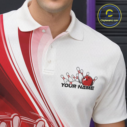 Close-up of the left chest area of a white and red bowling polo shirt, featuring a sweeping curve bowling strike illustration.