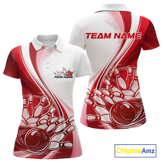 Front and back view of a womens bowling polo shirt mockup in white and red, featuring a sweeping curve bowling strike graphic with pins being hit.