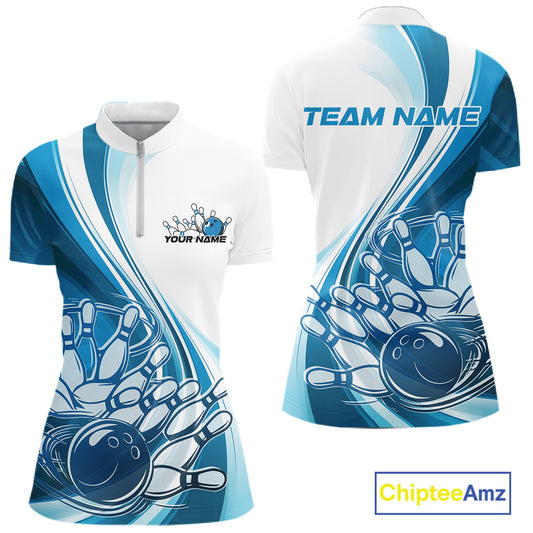 Front and back mockup of a women s white and blue bowling quarter zip featuring sweeping curve graphics and a bowling ball crashing into pins illustration.