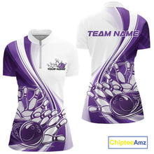 Load image into Gallery viewer, Custom White And Purple Classic Retro Style Women Quarter-Zip Bowling Tournament Shirt IPHW11325