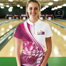 Load image into Gallery viewer, Custom White And Pink Classic Retro Style Women Quarter-Zip Bowling Tournament Shirt IPHW11327