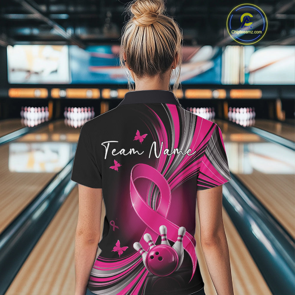 Back view of a female model wearing a black and pink bowling polo with breast cancer awareness ribbons, small butterflies, and bowling graphics