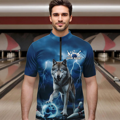 Blue Thunder Lightning Custom Wolf Bowling Quarter-Zip Shirts For Men, Wolf Bowling Team Shirt IPHW8424