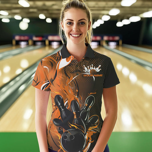 Black And Orange Custom Flame Bowling Polo Shirts For Women, Fire Bowling League Team Shirt IPHW8631