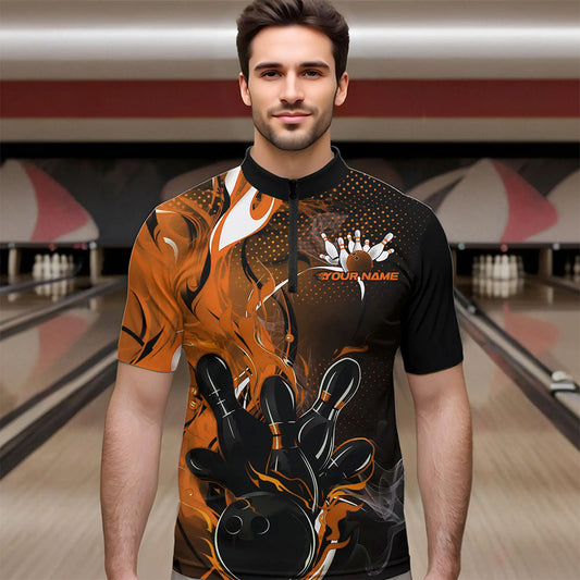 Black And Orange Custom Flame Bowling Quarter-Zip Shirts For Men, Fire Bowling League Team Shirt IPHW8631