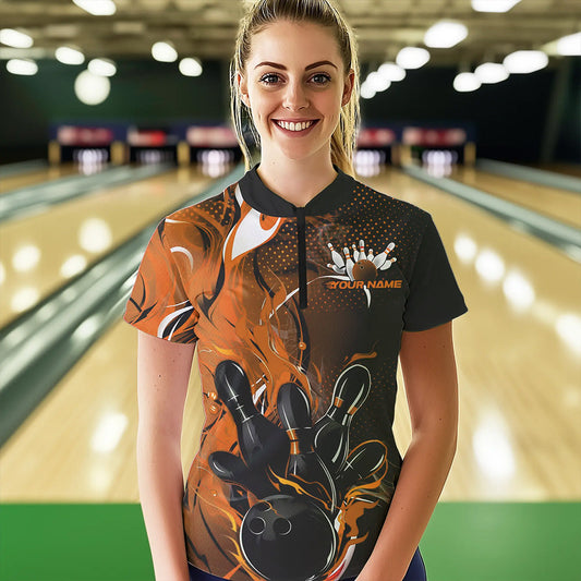 Black And Orange Custom Flame Bowling Womens Quarter-Zip Shirts, Fire Bowling League Shirt IPHW8631
