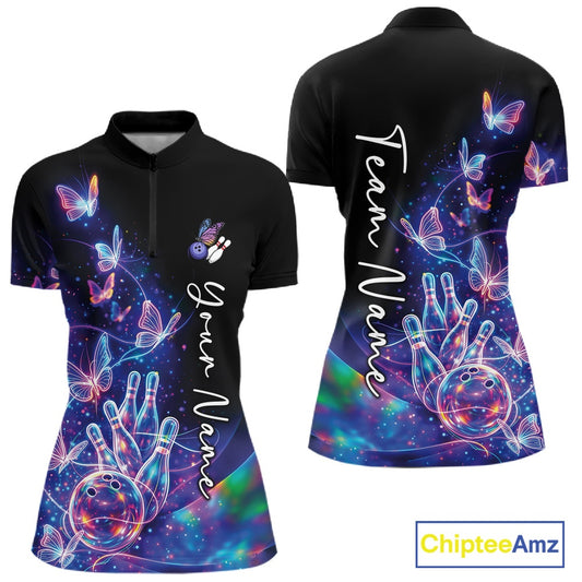 Front and back mockup of a women's black bowling quarter zip showcasing starry galaxy graphics, neon swirls, and hologram butterflies