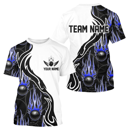 Custom Blue Flame Bowling T-Shirts For Men, Fire Bowling Jerseys Bowling League IPHW5003