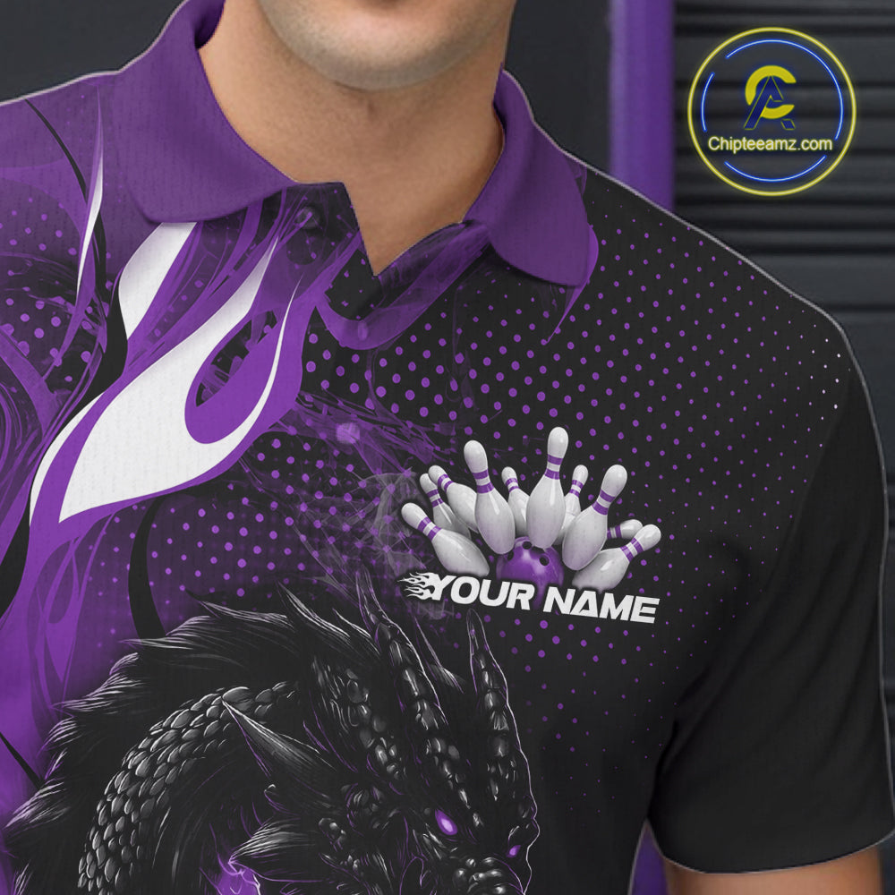 Custom Black And Purple Dragon Bowling Jerseys, Dragon Bowling Team Men Polo Shirt IPHW10269