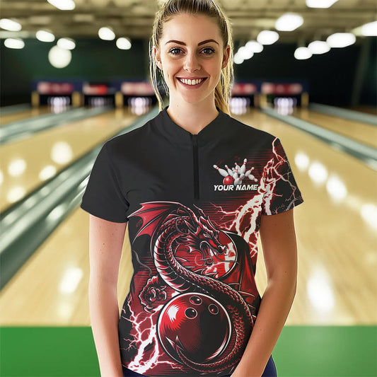 Custom Black And Red Thunder Lightning Dragon Womens Quarter-Zip Shirts, Bowlers Outfits IPHW8662
