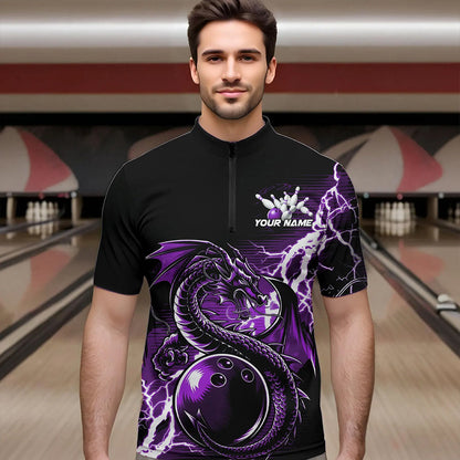 Custom Black And Purple Thunder Lightning Dragon Bowling  Quarter-Zip Shirts For Men, Bowlers Outfit IPHW8664