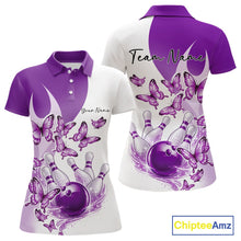 Load image into Gallery viewer, Custom White And Purple Butterfly Women Bowling Polo Shirts, Ladies Bowling League Shirt IPHW11337