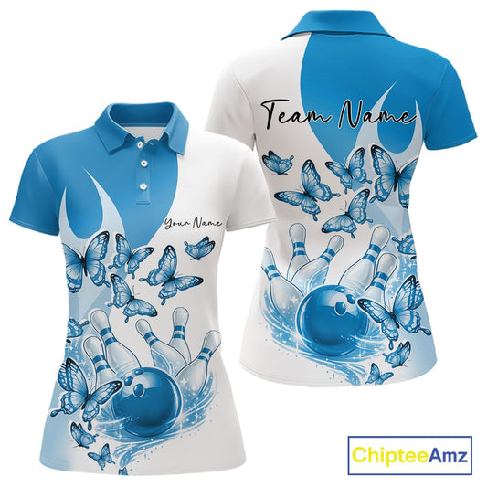 Front and back mockup of a womens white and blue bowling polo featuring butterfly graphics and colorful bowling artwork