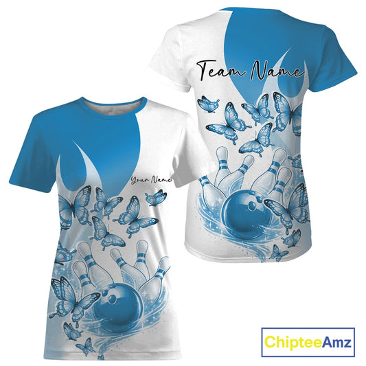 Front and back mockup of a womens white and blue crewneck bowling T-shirt with butterfly graphics and colorful bowling artwork