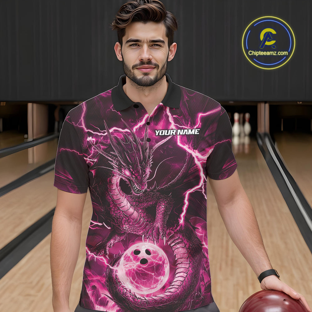 Custom Pink Thunder Lightning Dragon Bowling Polo Shirts For Men, Team Uniform IPHW9760