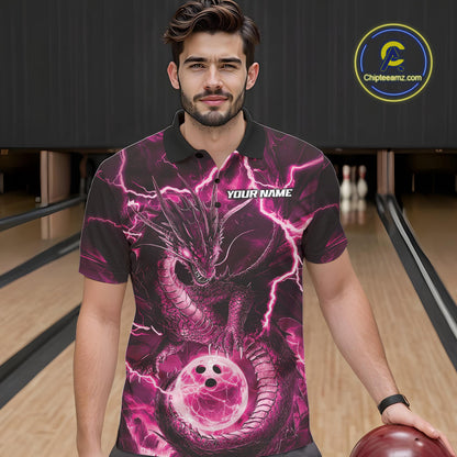 Custom Pink Thunder Lightning Dragon Bowling Polo Shirts For Men, Team Uniform IPHW9760