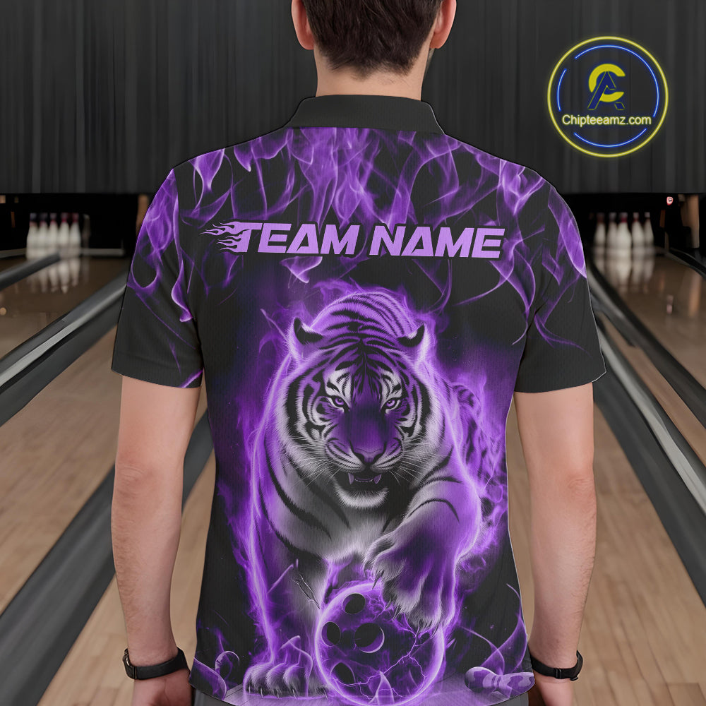 Custom Purple Flame Tiger Bowling Polo Shirts For Men, Tiger Bowling Team Shirt IPHW9761