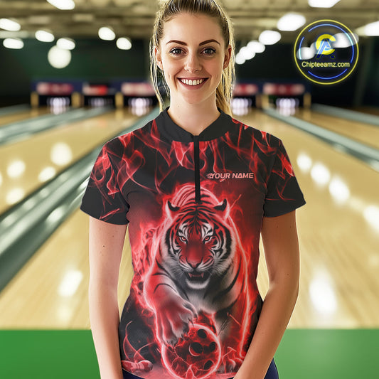 Custom Red Flame Tiger Bowling Quarter-Zip Shirts For Women, Tiger Bowling Team Shirt IPHW9762
