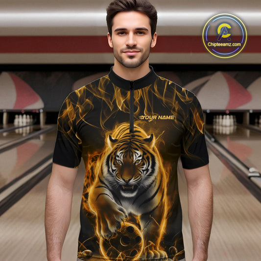 Custom Yellow Flame Tiger Bowling Quarter-Zip Shirts For Men, Tiger Bowling Team Shirt IPHW9763