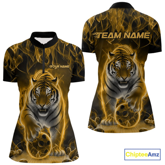 Custom Yellow Flame Tiger Bowling Quarter-Zip Shirts For Women, Tiger Bowling Team Shirt IPHW9763