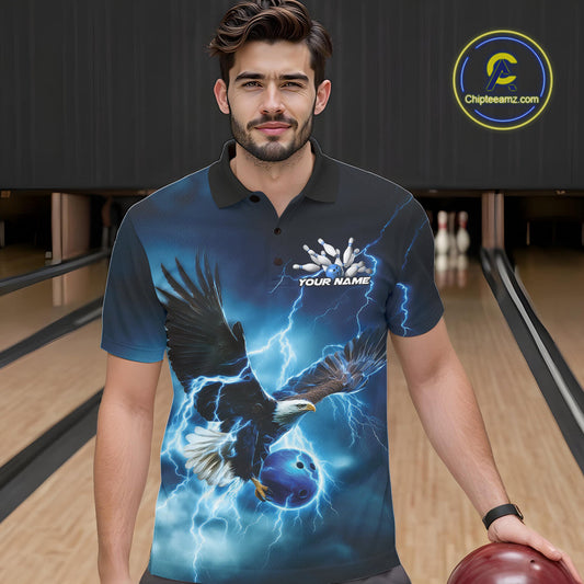 Custom Blue Thunder Lightning Eagle Bowling Men Polo Shirts, Eagle Bowling Team Jerseys IPHW10146