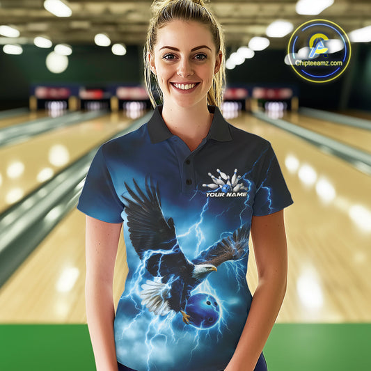 Custom Blue Thunder Lightning Eagle Bowling Women Polo Shirts, Eagle Bowling Jerseys IPHW10146