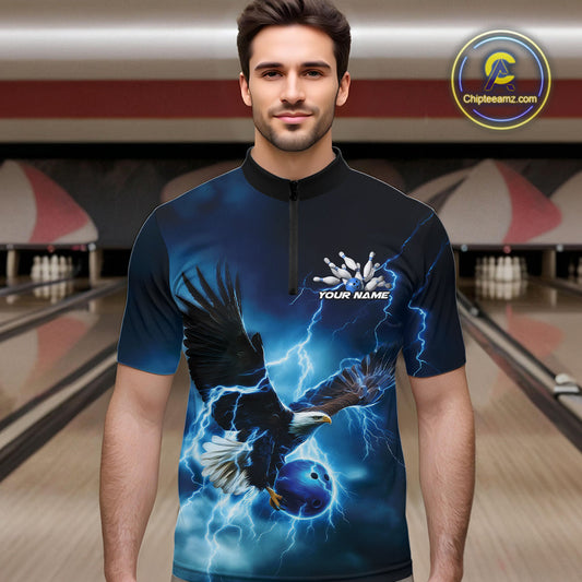Custom Blue Thunder Lightning Eagle Bowling Men Quarter-Zip Shirts, Eagle Bowling Team Jerseys IPHW10146