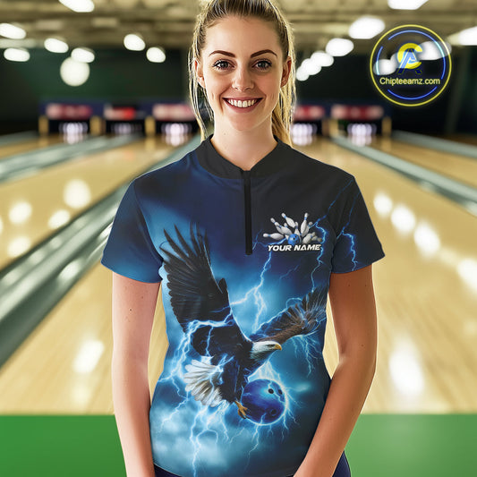 Custom Blue Thunder Lightning Eagle Women Bowling Shirts, Eagle Bowling Team Jerseys IPHW10146