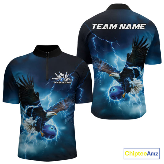 Custom Blue Thunder Lightning Eagle Bowling Men Quarter-Zip Shirts, Eagle Bowling Team Jerseys IPHW10146