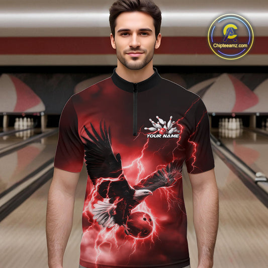 Custom Red Thunder Lightning Eagle Bowling Men Quarter-Zip Shirts, Eagle Bowling Team Jerseys IPHW10147