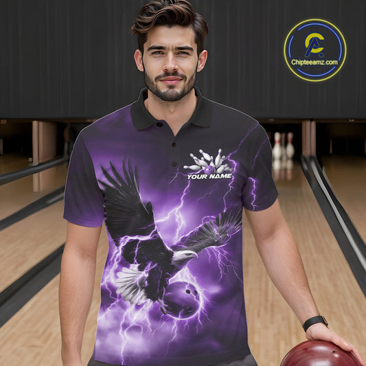 Custom Purple Thunder Lightning Eagle Bowling Men Polo Shirts, Eagle Bowling Team Jerseys IPHW10148