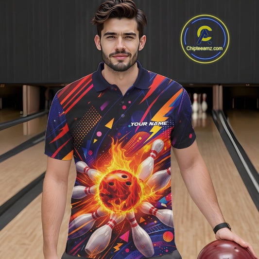 Custom Colorful Fire Flame Bowling Team Men Polo Shirt, Bowling League Shirt IPHW10297