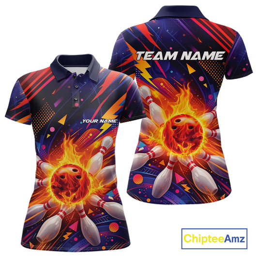 Custom Colorful Fire Flame Bowling Team Women Polo Shirt, Bowling League Shirt IPHW10297