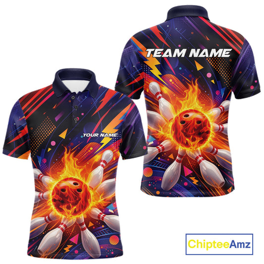 Custom Colorful Fire Flame Bowling Team Men Polo Shirt, Bowling League Shirt IPHW10297
