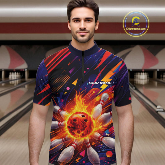 Custom Colorful Fire Flame Bowling Team Men Quarter-Zip Shirt, Bowling League Shirt IPHW10297