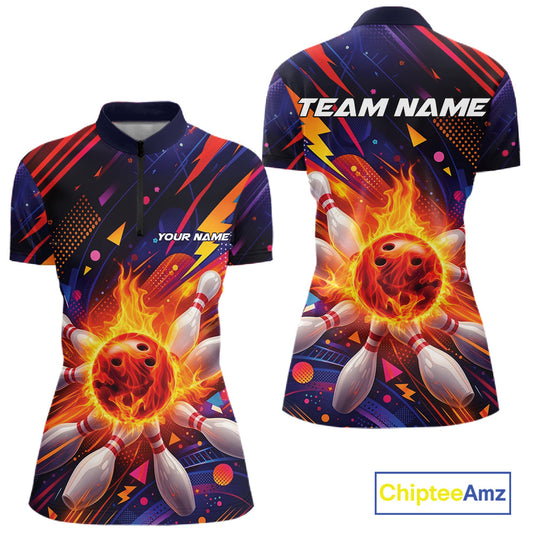 Custom Colorful Fire Flame Bowling Team Women Quarter-Zip Shirt, Bowling League Shirt IPHW10297