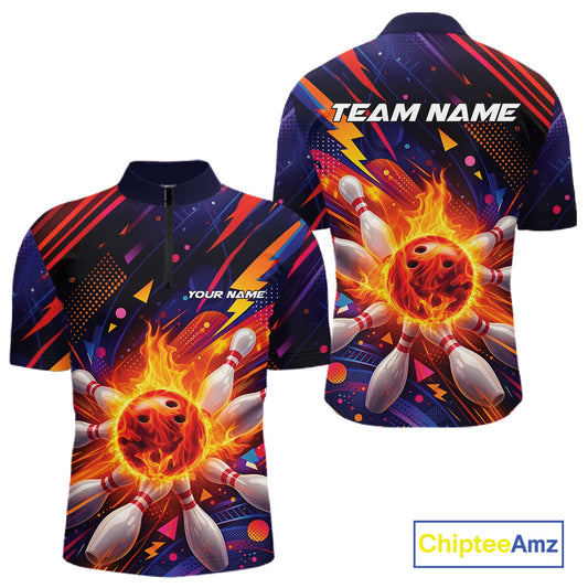 Custom Colorful Fire Flame Bowling Team Men Quarter-Zip Shirt, Bowling League Shirt IPHW10297