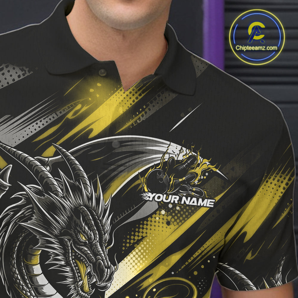 Personalized Black And Yellow Dragon Bowling Team Jerseys, Dragon Bowling Polo Shirt IPHW10302