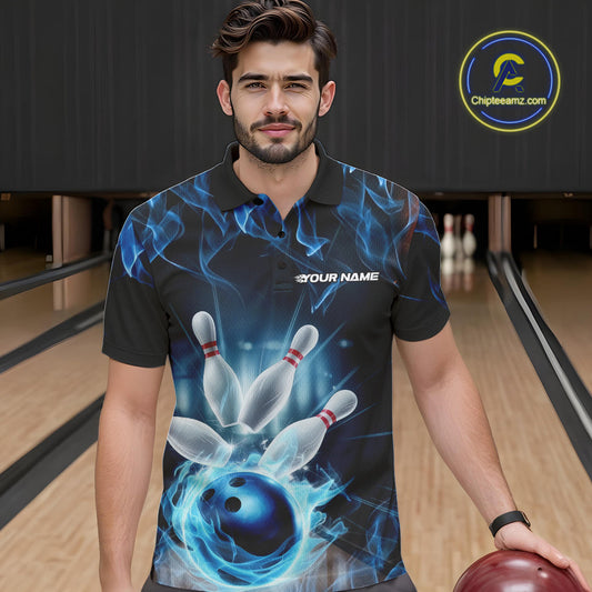 Custom Black And Blue Flame Bowling Team Polo Shirts For Men, Fire Bowling League Shirt IPHW9386