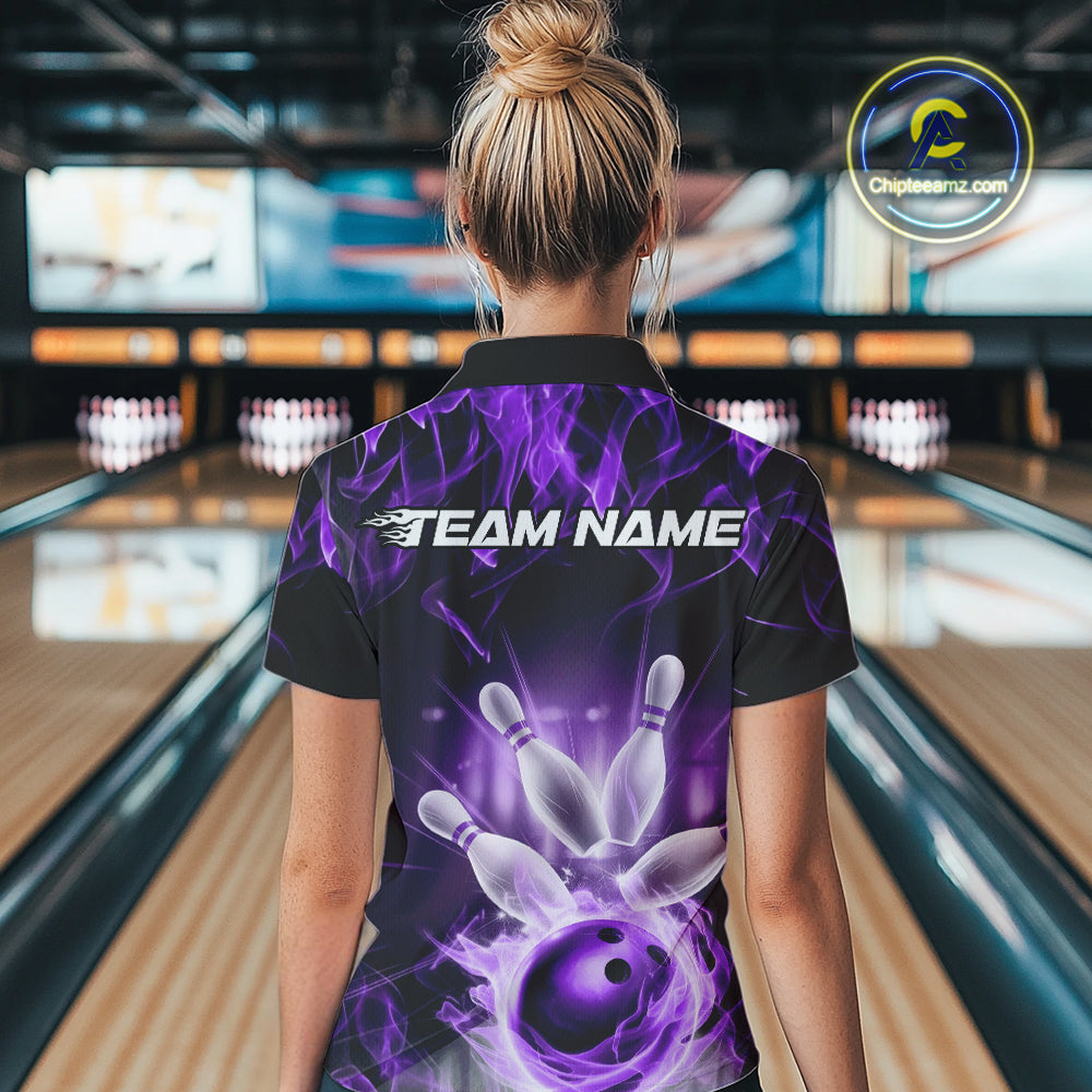 Custom Black And Purple Flame Bowling Women Quarter-Zip Shirts, Fire Bowling League Shirt IPHW9387