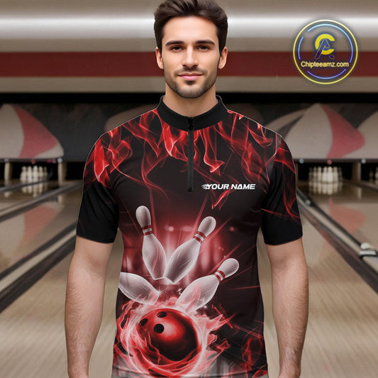 Custom Black And Red Flame Bowling Team Quarter-Zip Shirts For Men, Fire Bowling League Shirt IPHW9388