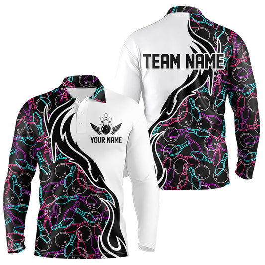 Customized Name Bowling Team Long Sleeve Polo Shirts For Men Bowling Pattern Bowling League Jerseys IPHW5486