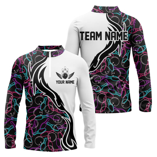 Customized Name Bowling Team Long Sleeve Quarter-Zip Shirts For Men Bowling Pattern Bowling Jersey IPHW5486