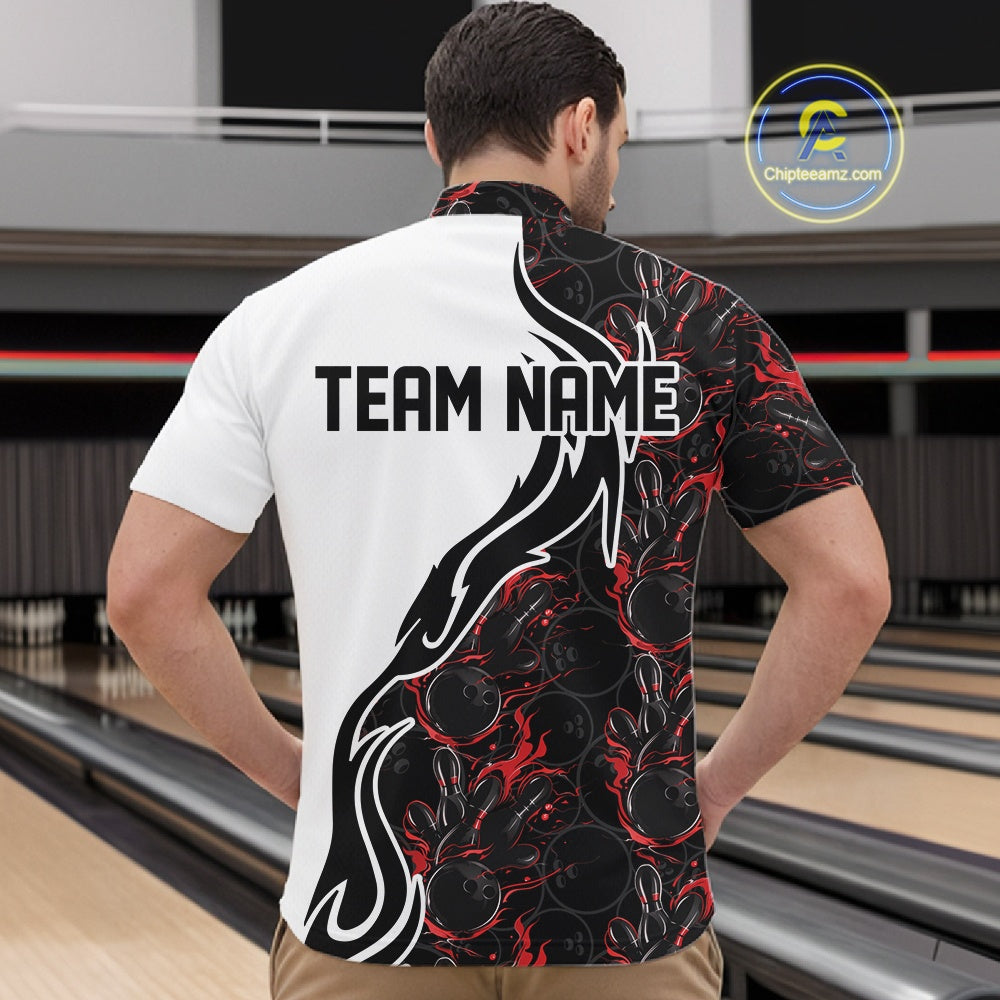 Custom Black And Red Flame Bowling Team Shirts, Bowling League Shirt Men Bowling Jersey IPHW10543