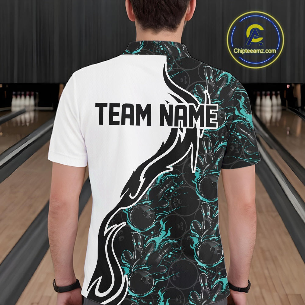 Custom Black And Turquoise Blue Flame Bowling Team Shirts, Men Bowling League Shirt IPHW10544