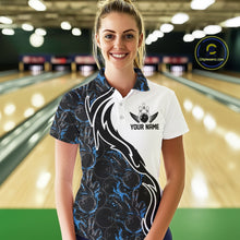 Load image into Gallery viewer, Custom Black And Blue Flame Bowling Team Shirts, Bowling League Shirt Women Bowling Jersey IPHW10545