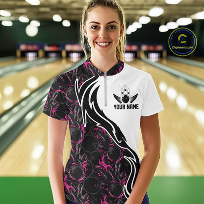 Custom Black And Pink Flame Bowling Team Shirts, Bowling League Shirt Women Jersey IPHW10546