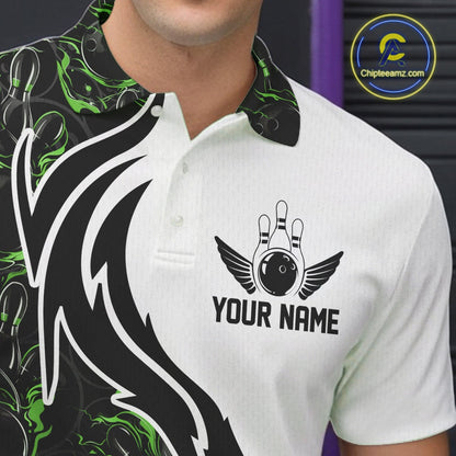 Custom Black And Green Flame Bowling Team Shirts, Bowling League Shirt Men Bowling Jersey IPHW10547