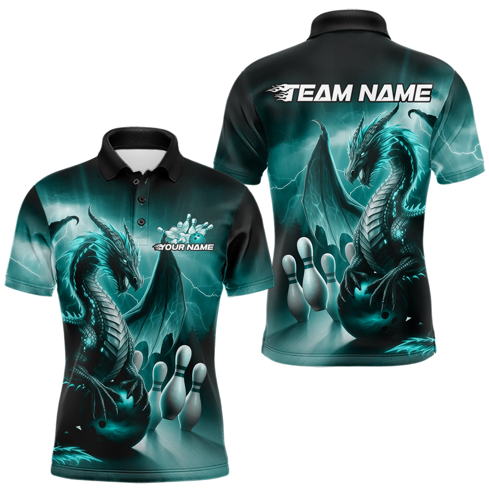 Custom Turquoise Blue Thunder Lightning Dragon Bowling Polo Shirts For Men, Team Uniform IPHW8953