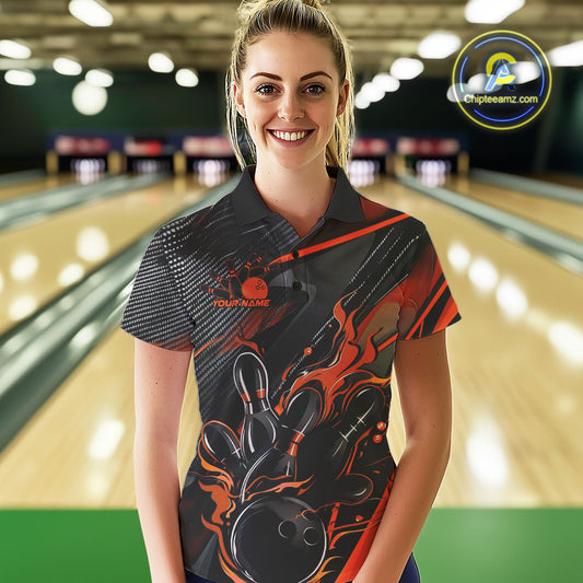 Custom Black And Orange Flame Bowling Team Women Polo Shirts, Fire Bowling Jerseys IPHW9780